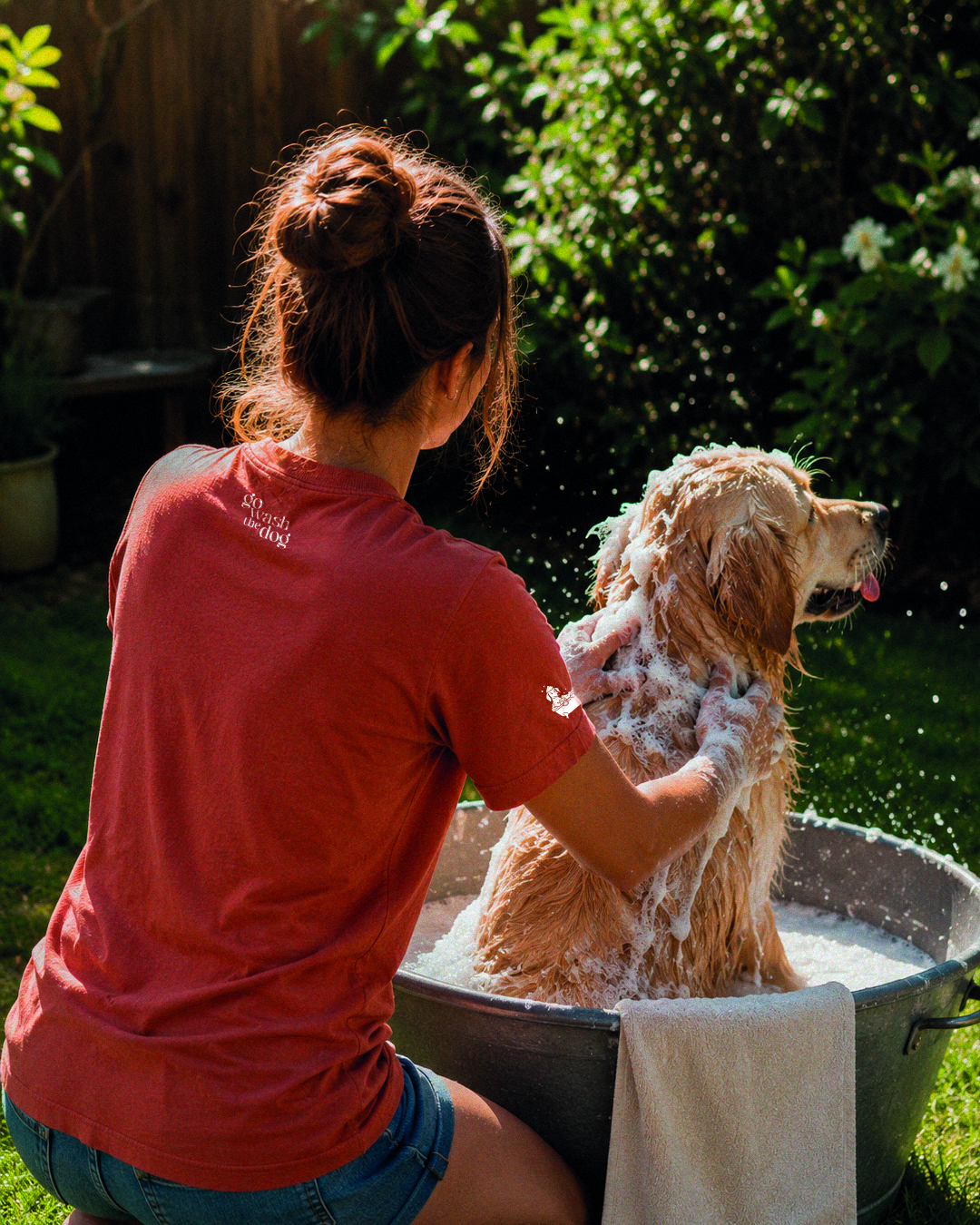 Costas da camisola Go Wash the Dog em terracota